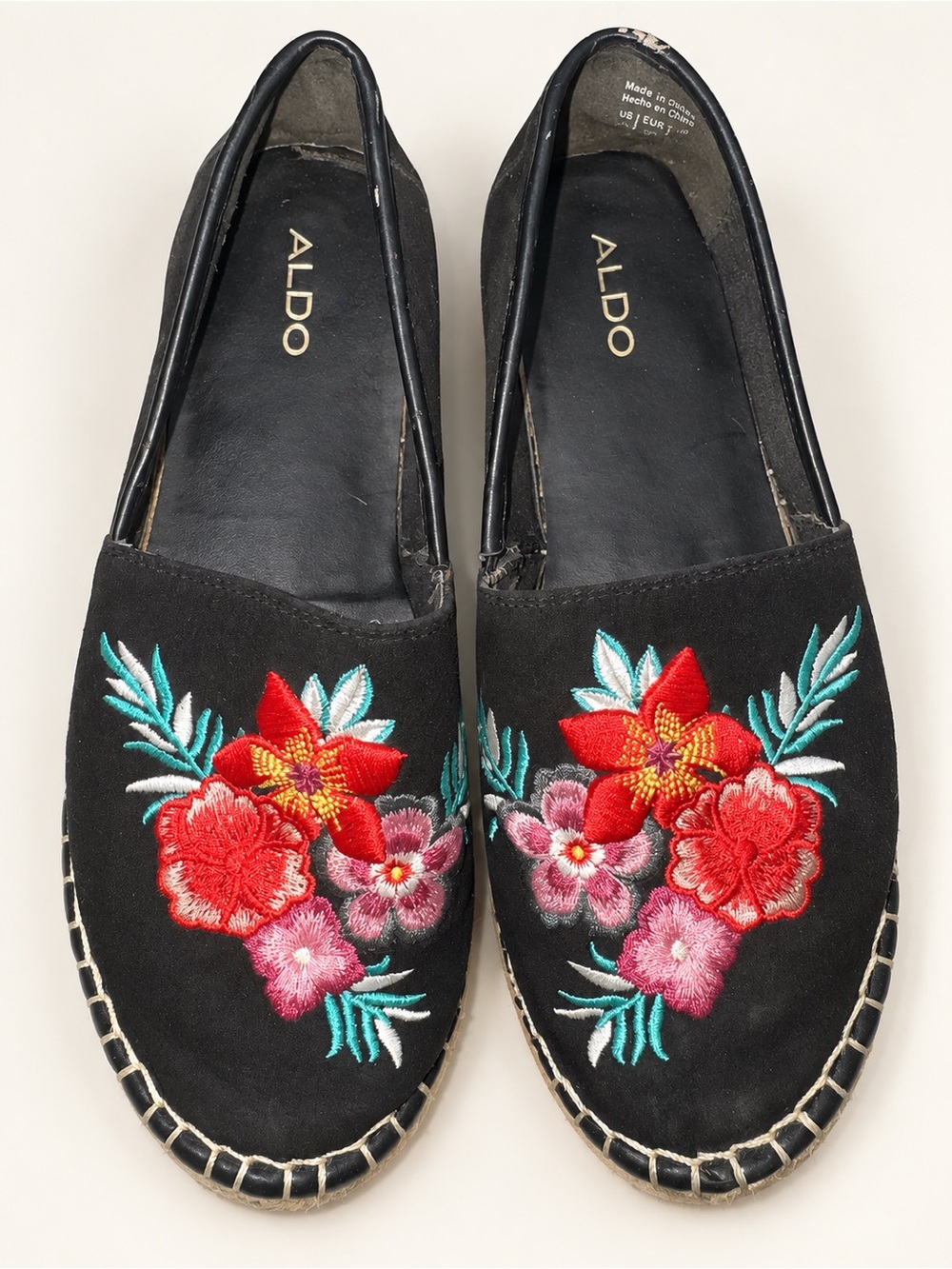 ALDO Black Espadrille Slip-Ons with Red & Pink Floral Embroidery